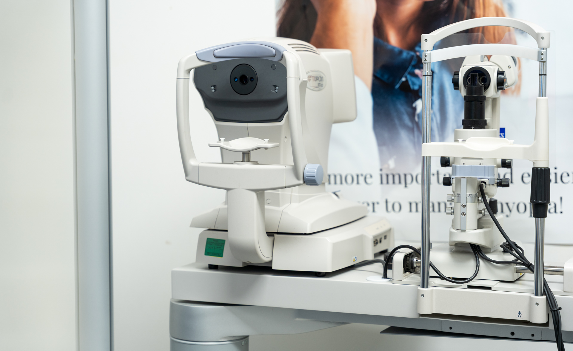 Modern eye diagnostic devices with camera equipment in clinical ophthalmology setting