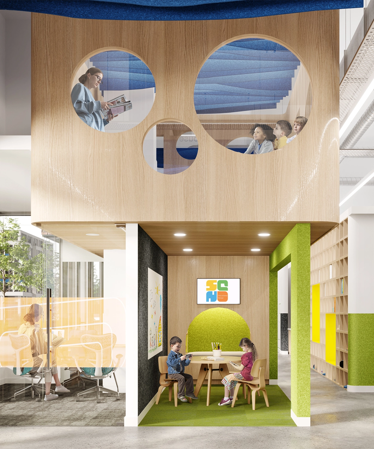 Rendering of a children's two story "tree house" in a building. This area is used for learning and playing.