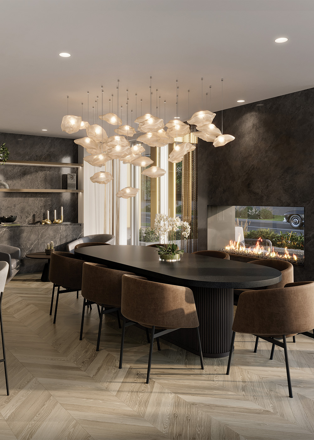 interior rendering of an amenity room featuring a black dining table and seating with feature lighting