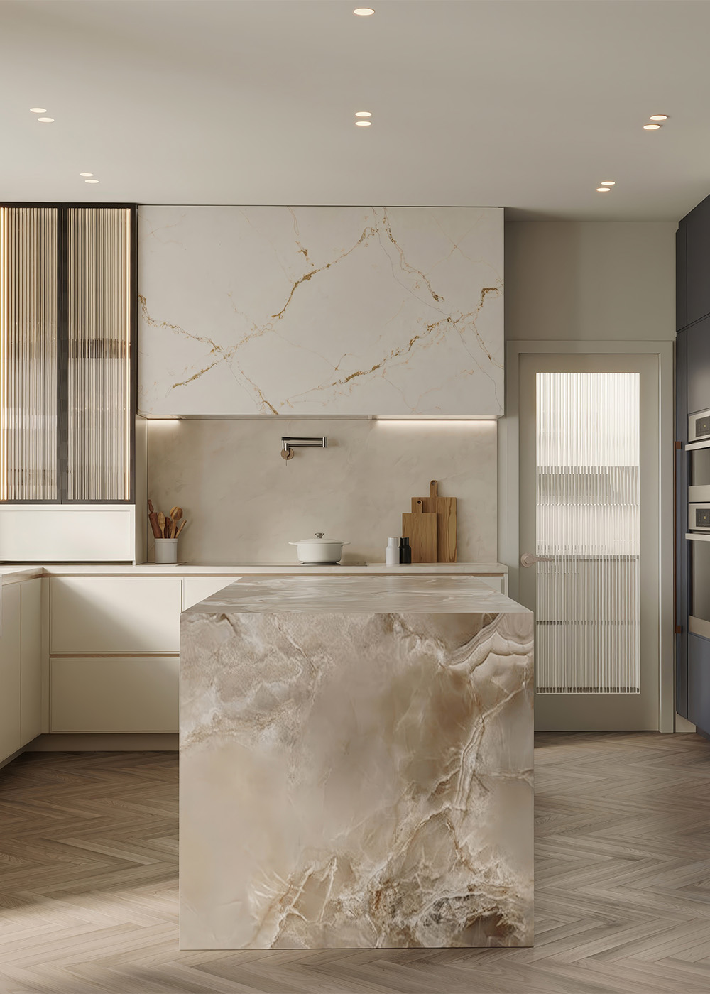 Rendering of an english-style kitchen with a unique marble island and matching white cabinetry.