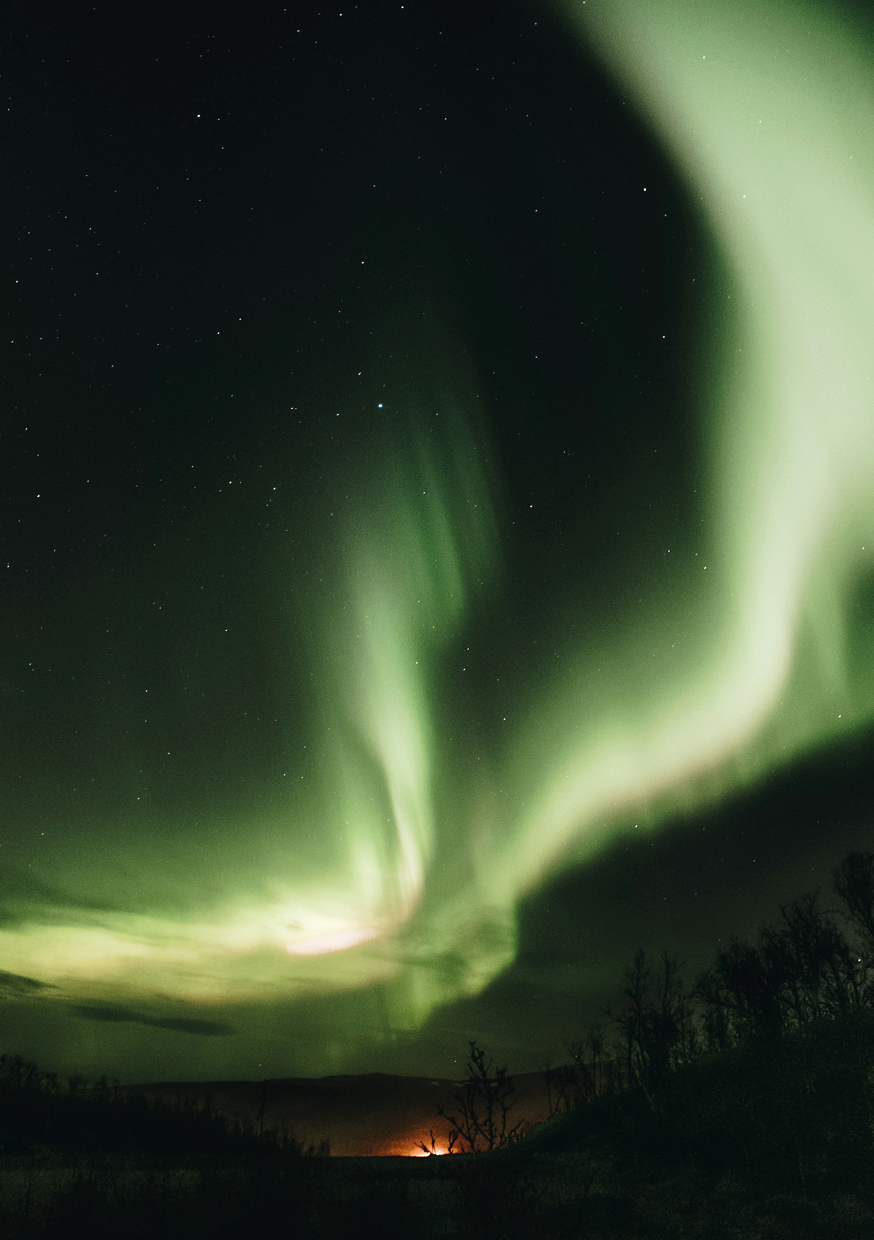 Aurores boréales illuminant le ciel nocturne en Laponie près de Tromsø, Norvège. Expérience magique d’un road trip nordique avec Beaux Périples