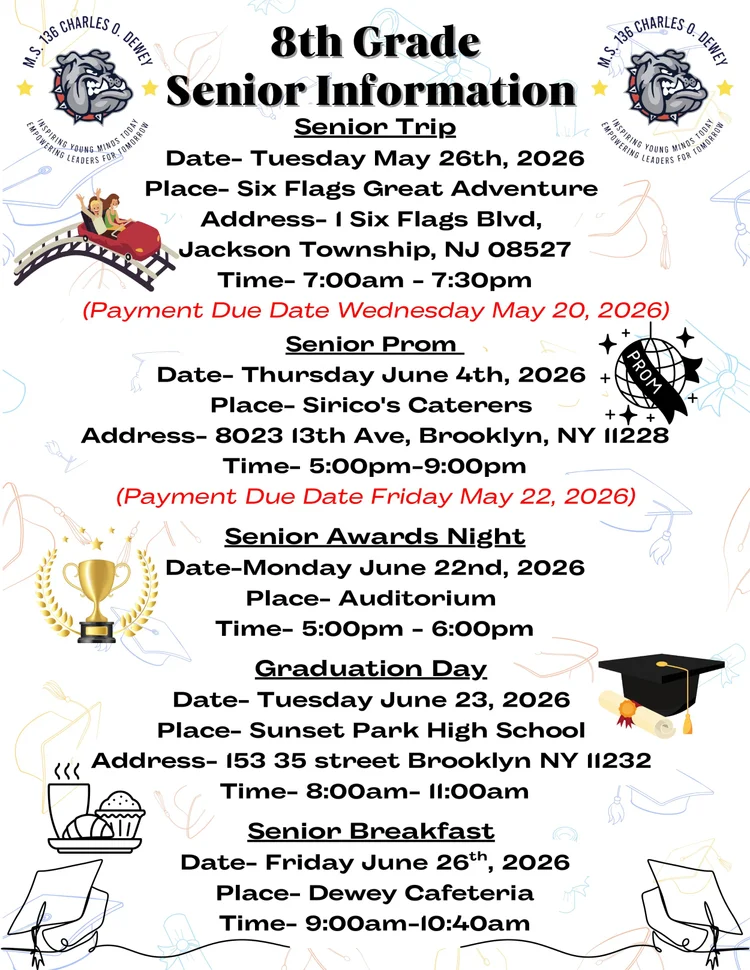 MS 136 eighth grade senior events schedule for 2026