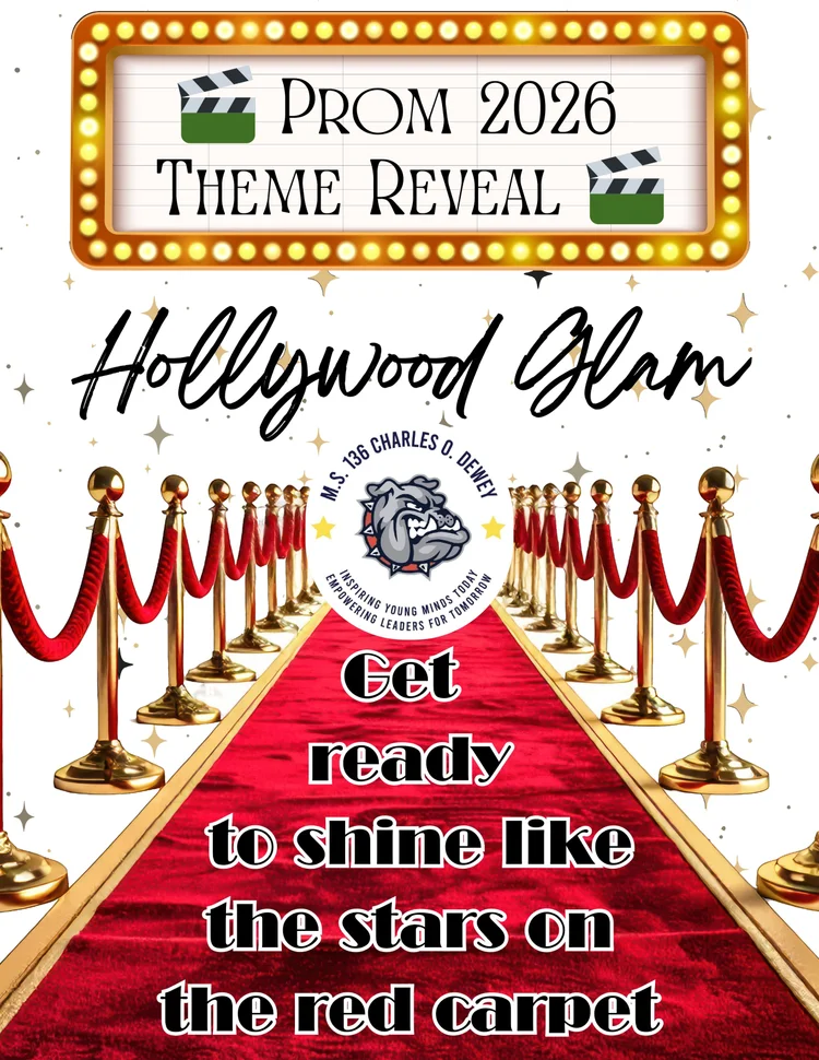 MS 136 Prom 2026 Hollywood Glam theme reveal flyer with red carpet