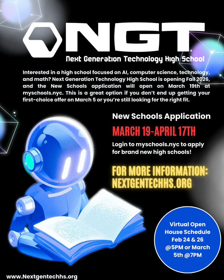 Next Generation Technology High School application flyer with enrollment dates