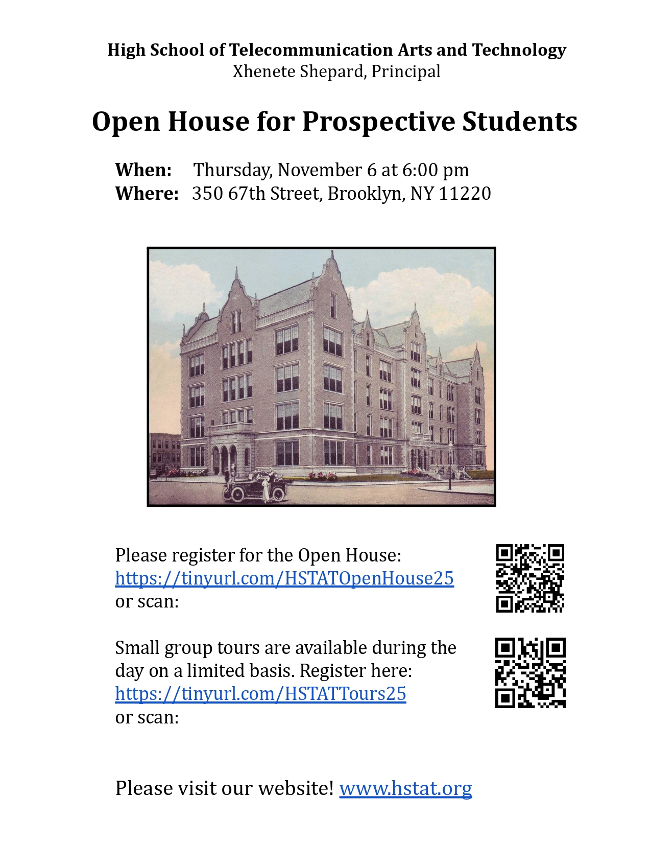 HSTAT open house flyer with building photo and event details