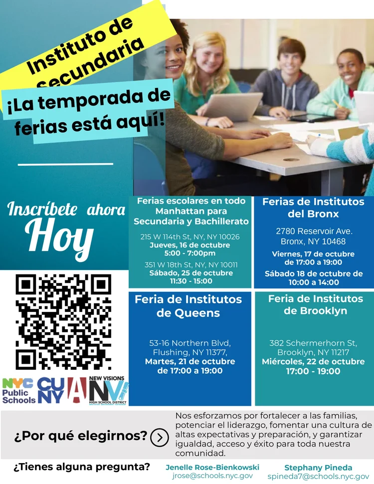 Spanish-language flyer for NYC high school fair season with dates and locations
