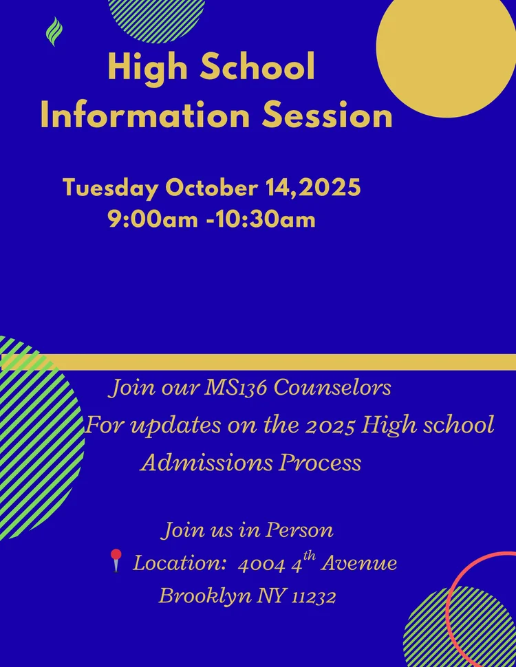 Flyer for MS136 High School Information Session October 14 2025