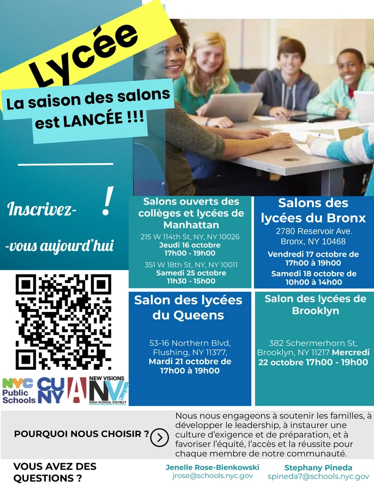 French-language high school fair flyer with dates locations and QR code