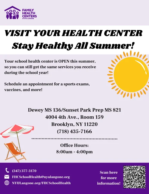 Family Health Centers summer health services flyer for MS 136 Brooklyn