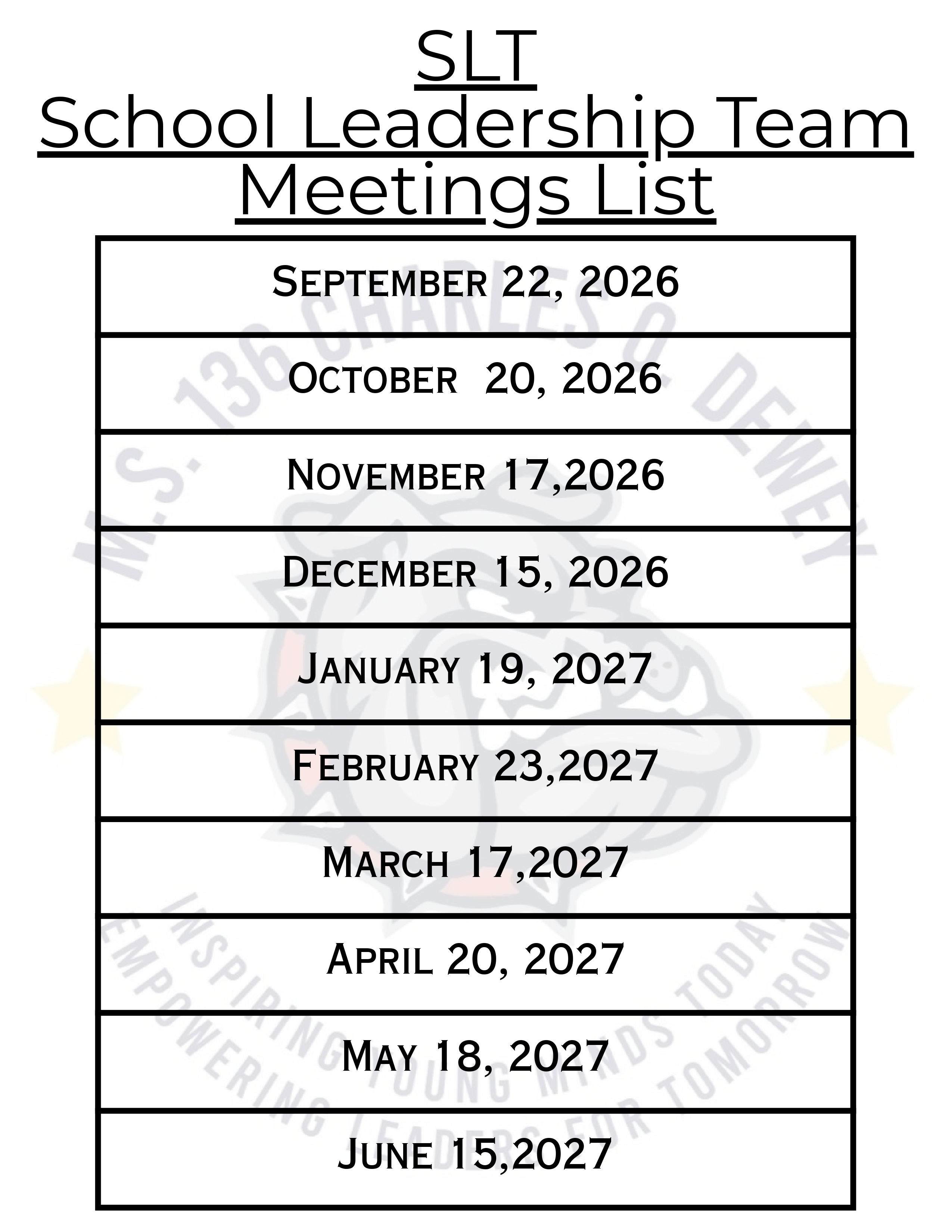 School Leadership Team meeting dates September 2026 through June 2027