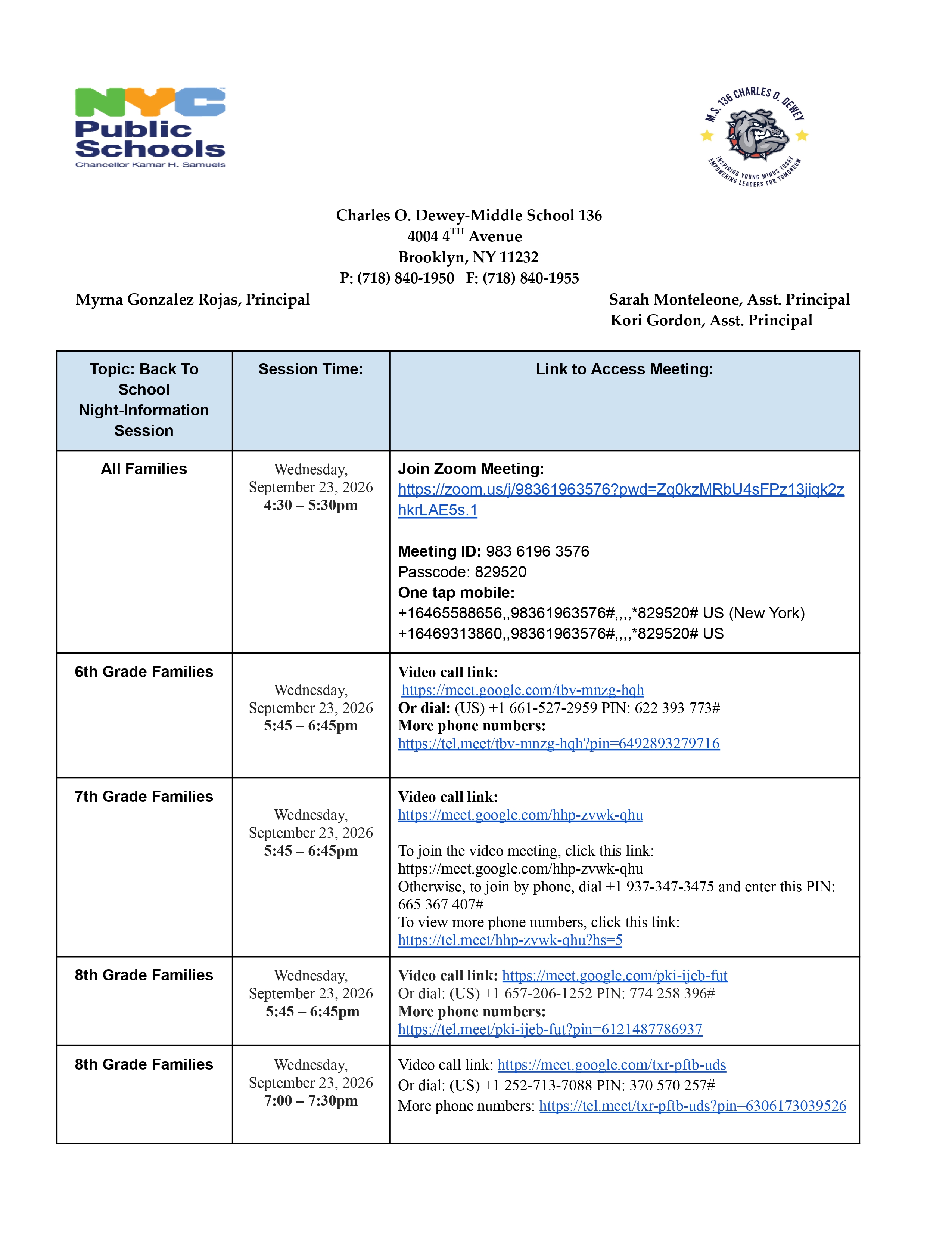 M.S. 136 Back to School Virtual Night flyer
