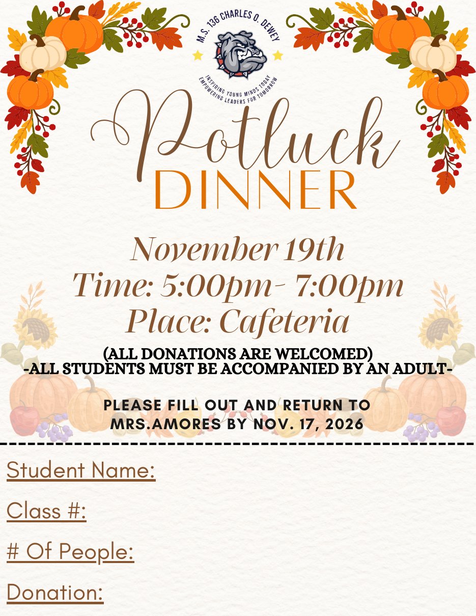 Potluck Dinner flyer, November 19, 2026, 5:00-7:00pm in the cafeteria