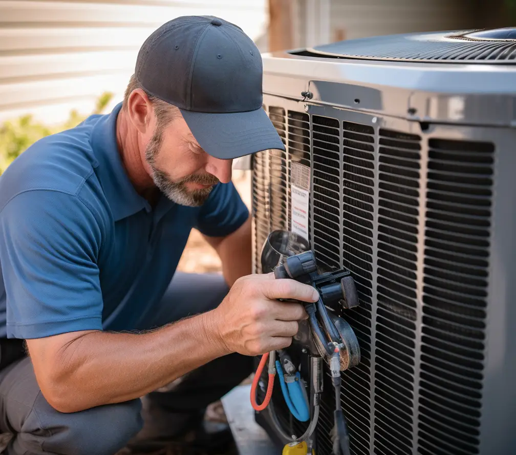 HVAC technician servicing an outdoor air conditioning unit with diagnostic tools