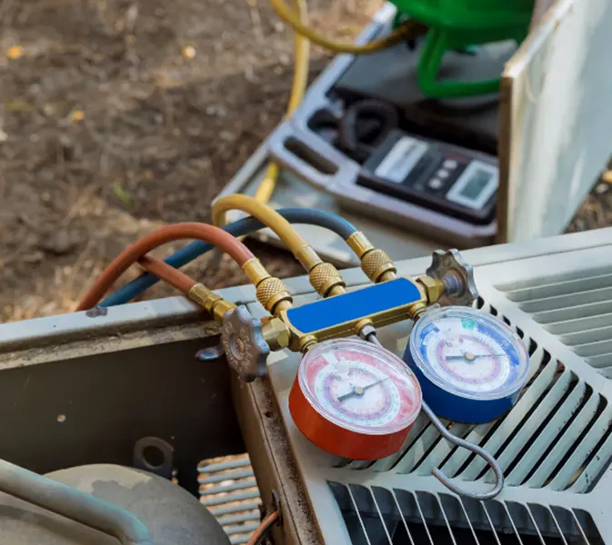 HVAC manifold gauge set connected to an open outdoor air conditioning unit during refrigerant check
