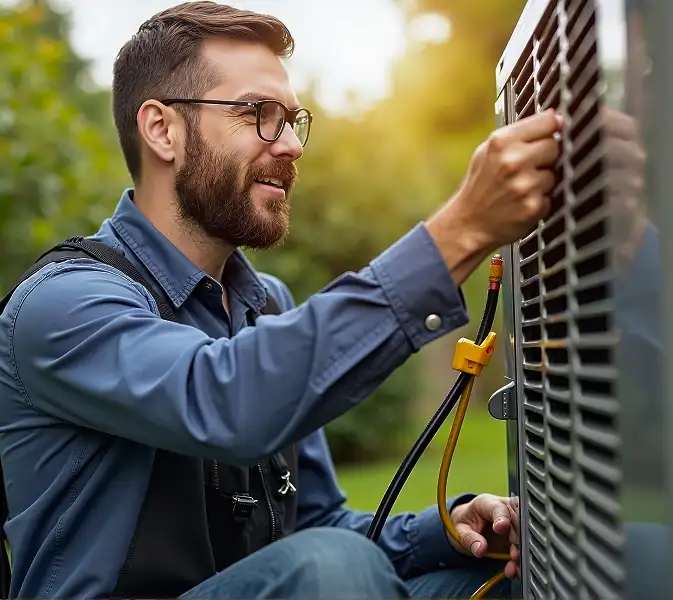 HVAC technician inspecting an outdoor air conditioning unit in a residential yard