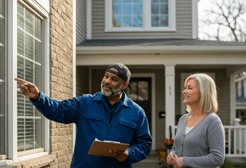 Technician with clipboard consulting a homeowner at a window on a brick home