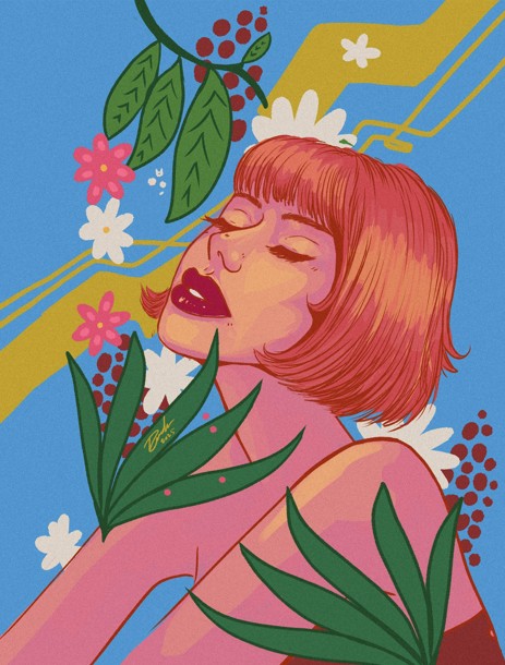 A digital original illustration of a red headed lady with tropical plants. pop culture illustration. bright rich colors. sensual feminine art.