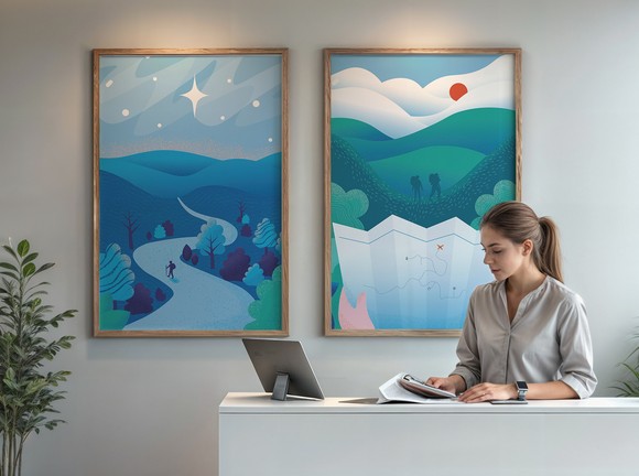 A photo of two branded illustrations done for Mosaic Primary Care Network. Illustration of the Vision Mission and Values, placed as office decoration framed wall art behind reception desk.