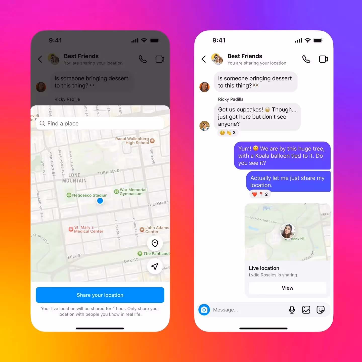 Two phone screens showing a map and a chat with live location sharing