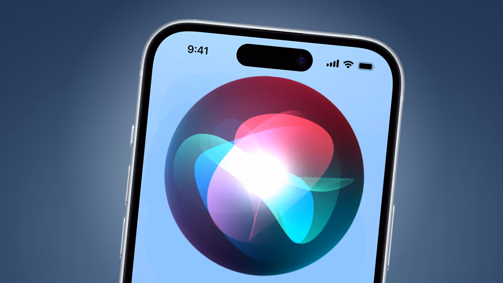 Close-up of a smartphone screen displaying Apple's Siri logo with the device's front camera and status icons visible.
