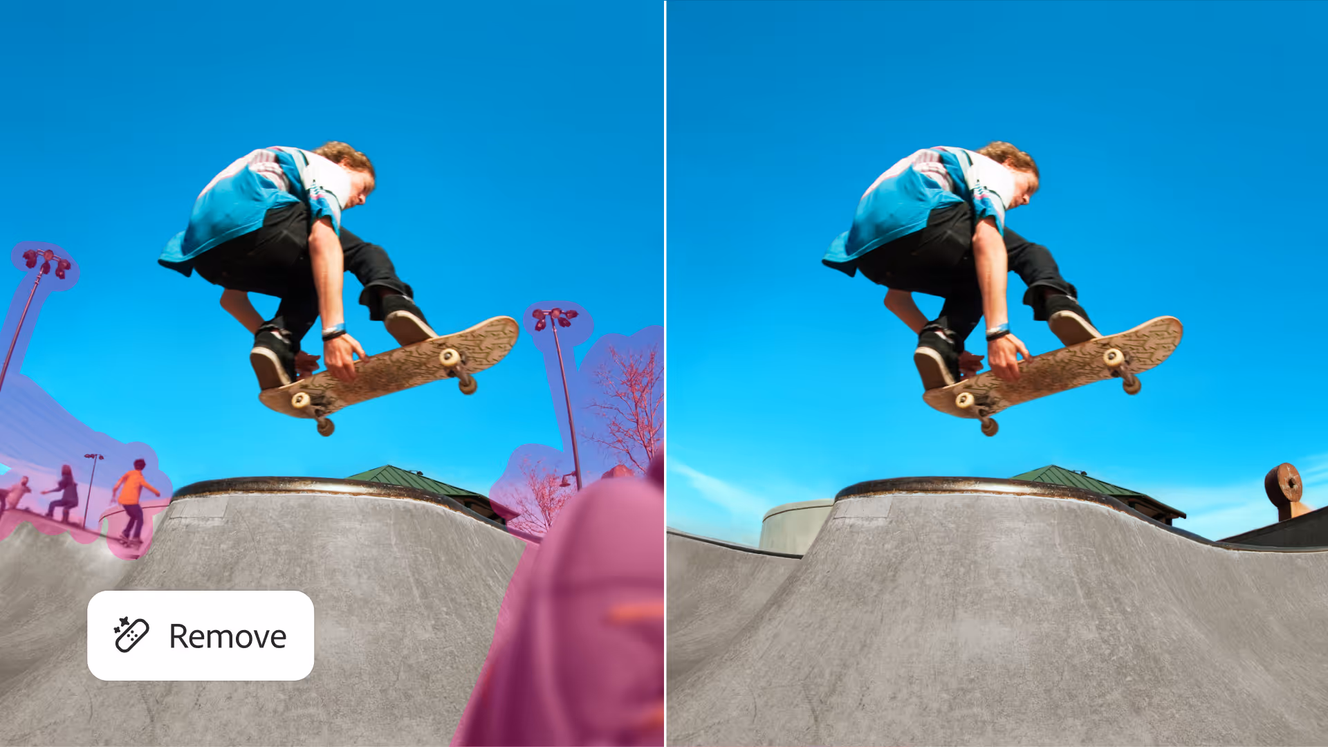 A before and after example of Photoshop’s improved object removal tool.
