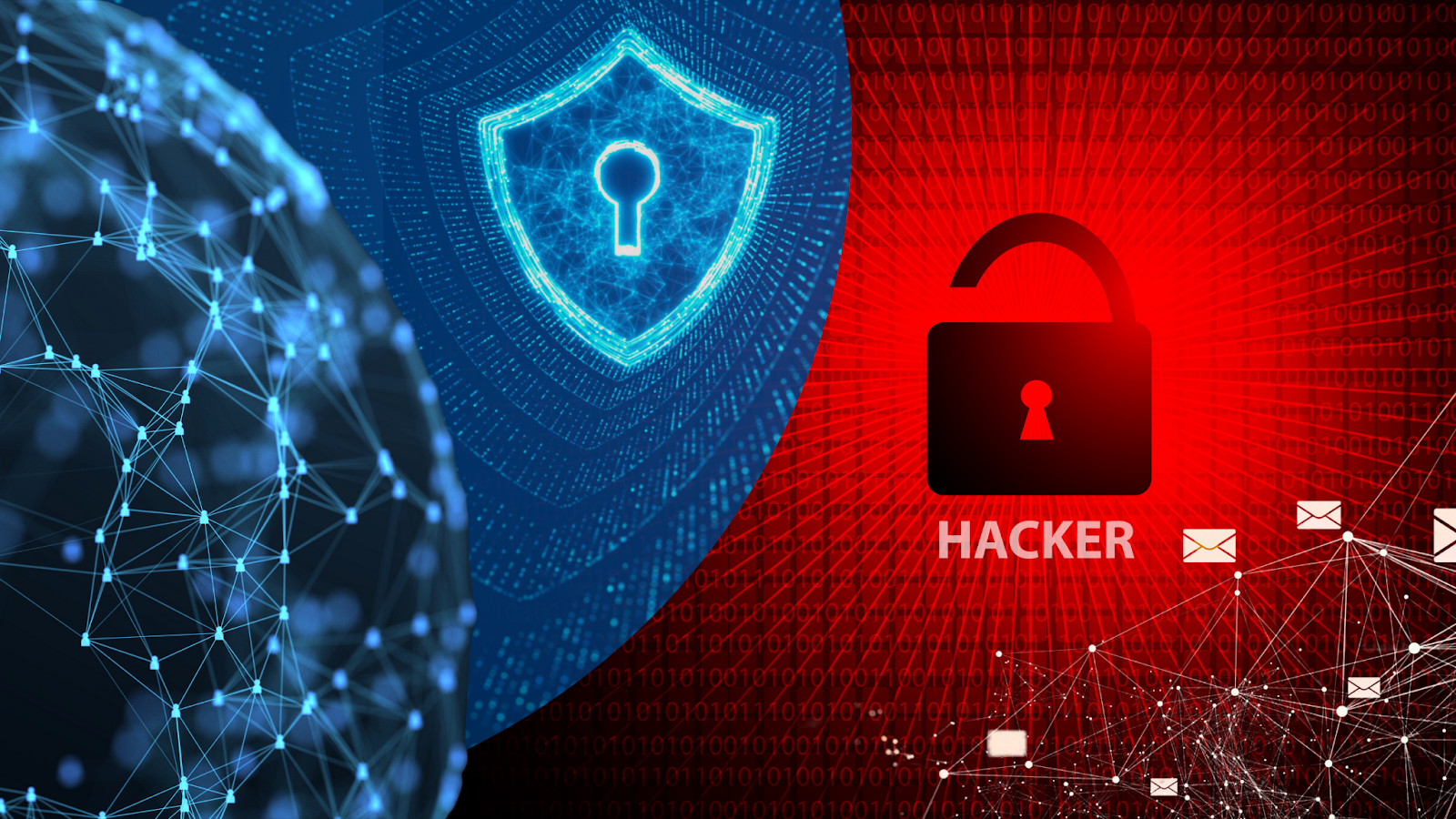 Digital illustration of global cybersecurity with a shield and lock symbol representing protection, contrasted with a red hacker lock and data breach risk.