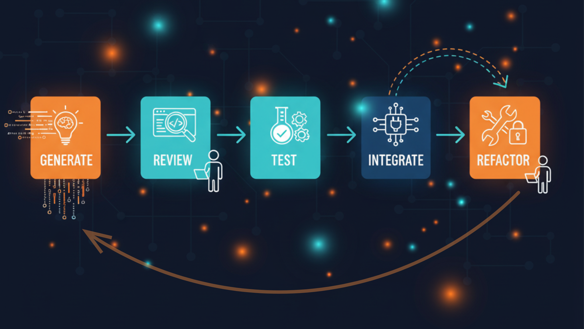 Iterative software development workflow showing five stages — Generate, Review, Test, Integrate, and Refactor — connected by arrows representing continuous improvement.