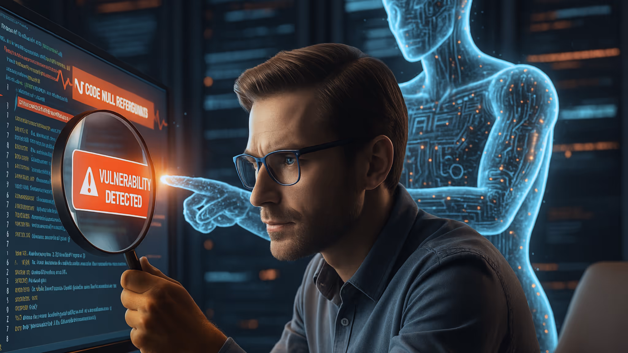 Developer examining code with a magnifying glass labeled “Vulnerability Detected,” assisted by a glowing AI figure, symbolizing security analysis in AI-assisted development.