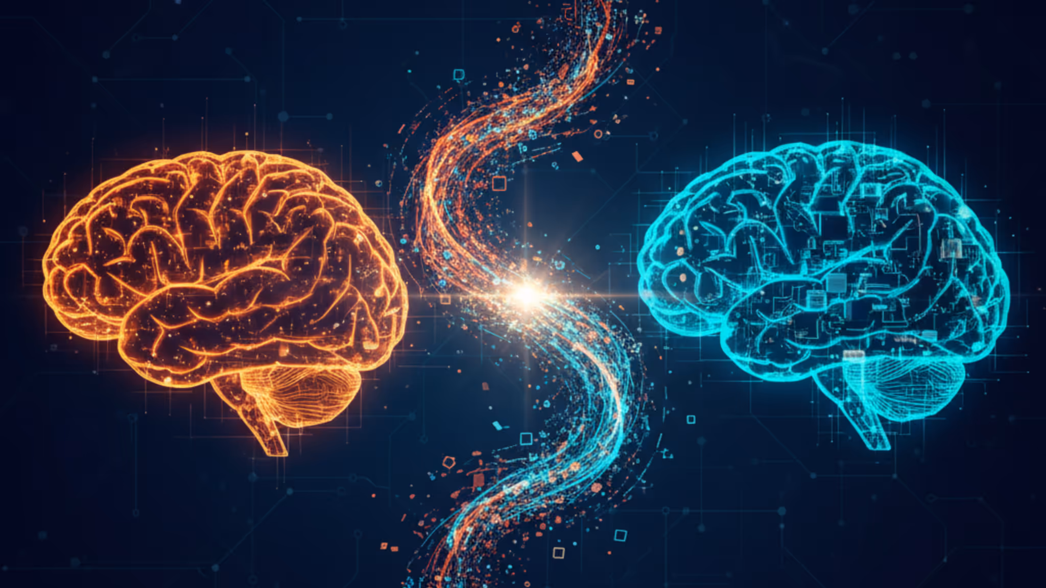 Two digital brains—one orange, one blue—connected by a glowing data stream representing collaboration between human intelligence and artificial intelligence in software development.