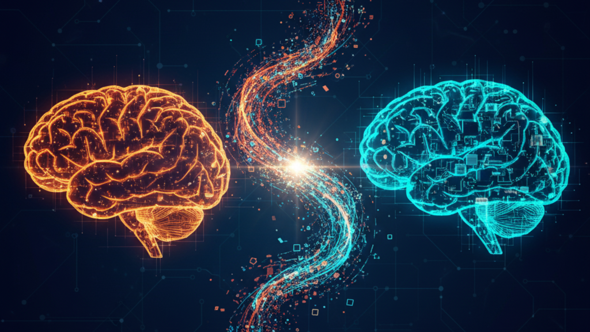 Two digital brains—one orange, one blue—connected by a glowing data stream representing collaboration between human intelligence and artificial intelligence in software development.