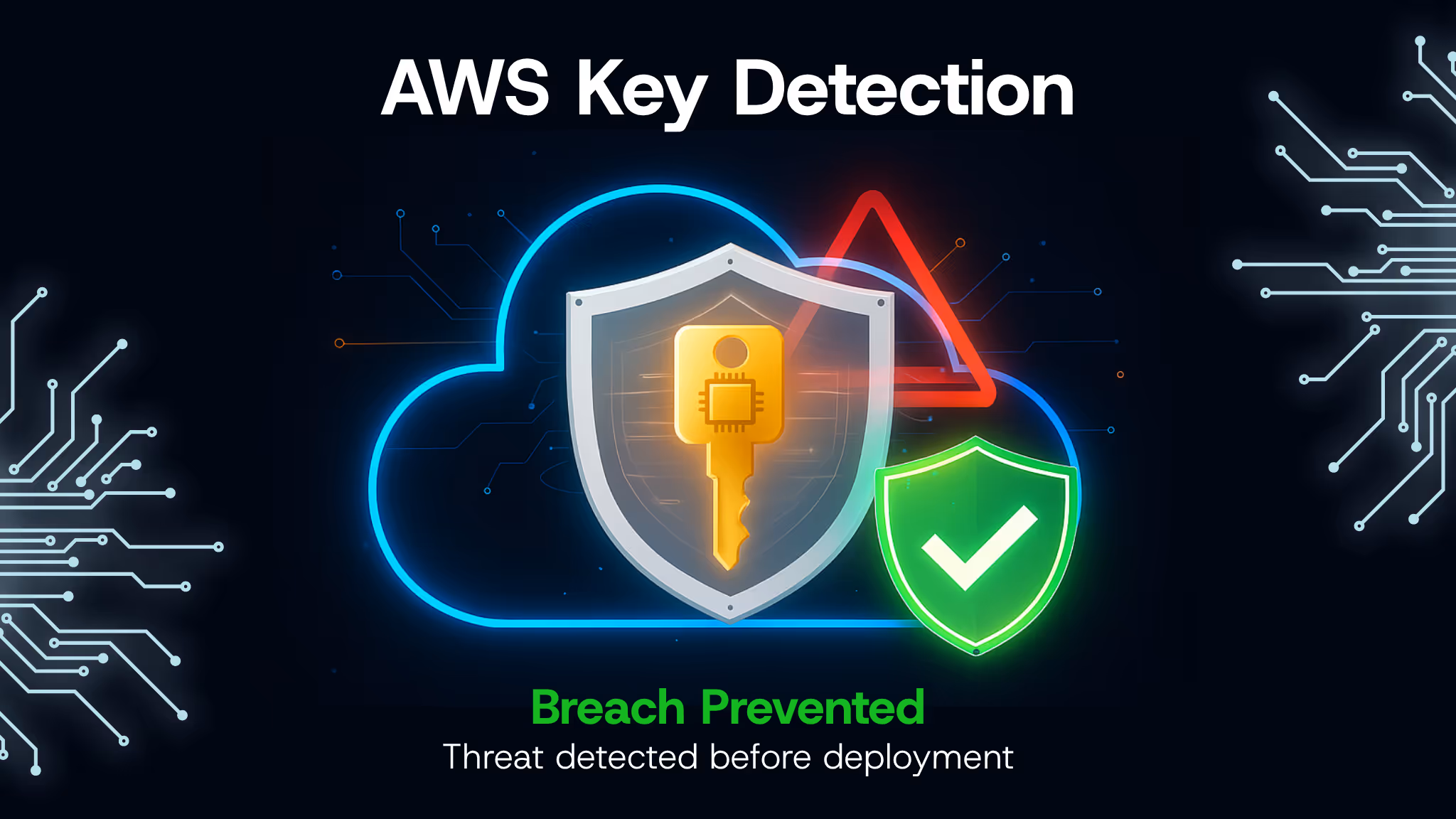 Cloud security illustration showing an AWS key unlocking a cloud icon. Below, a warning sign transitions to a green shield checkmark, symbolizing detection of risks and secure resolution.