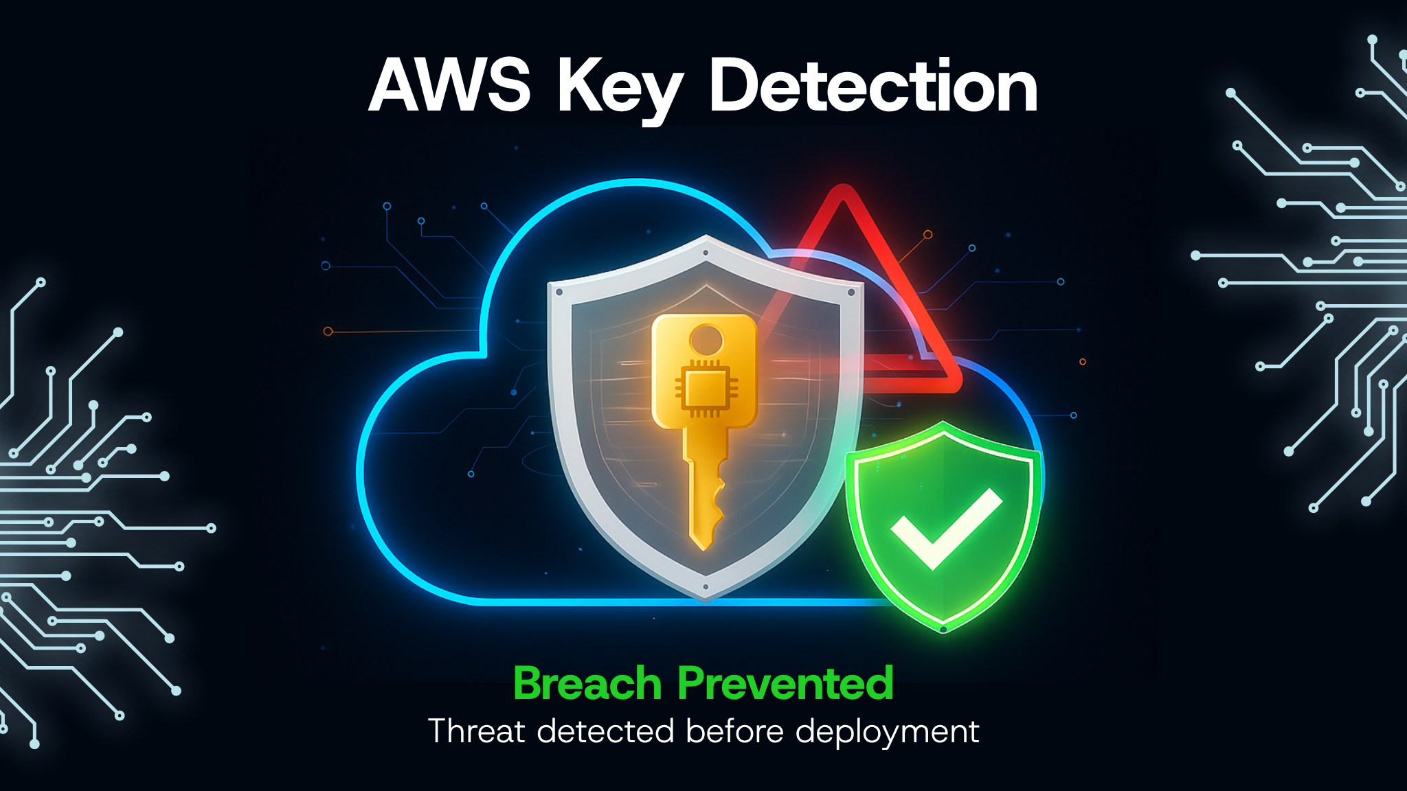 Cloud security illustration showing an AWS key unlocking a cloud icon. Below, a warning sign transitions to a green shield checkmark, symbolizing detection of risks and secure resolution.