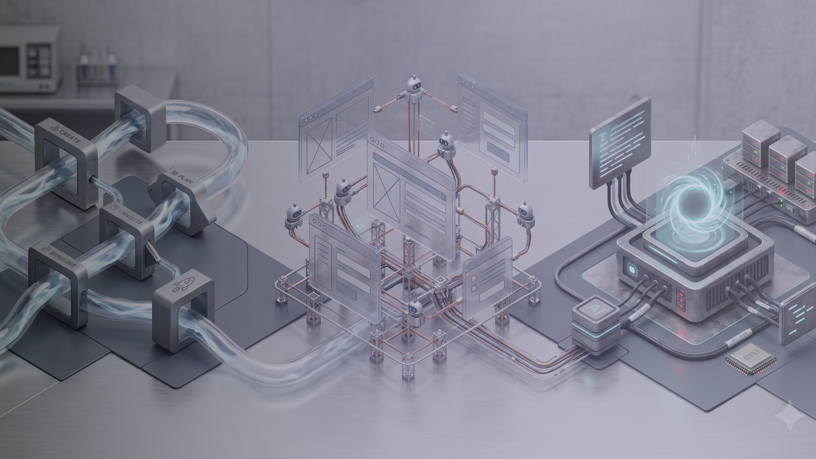 An abstract 3D graphic showing automated software pipes, interconnected translucent browser interfaces with agent bots, and a glowing local AI hardware unit on a metallic surface in slate gray and teal tones.