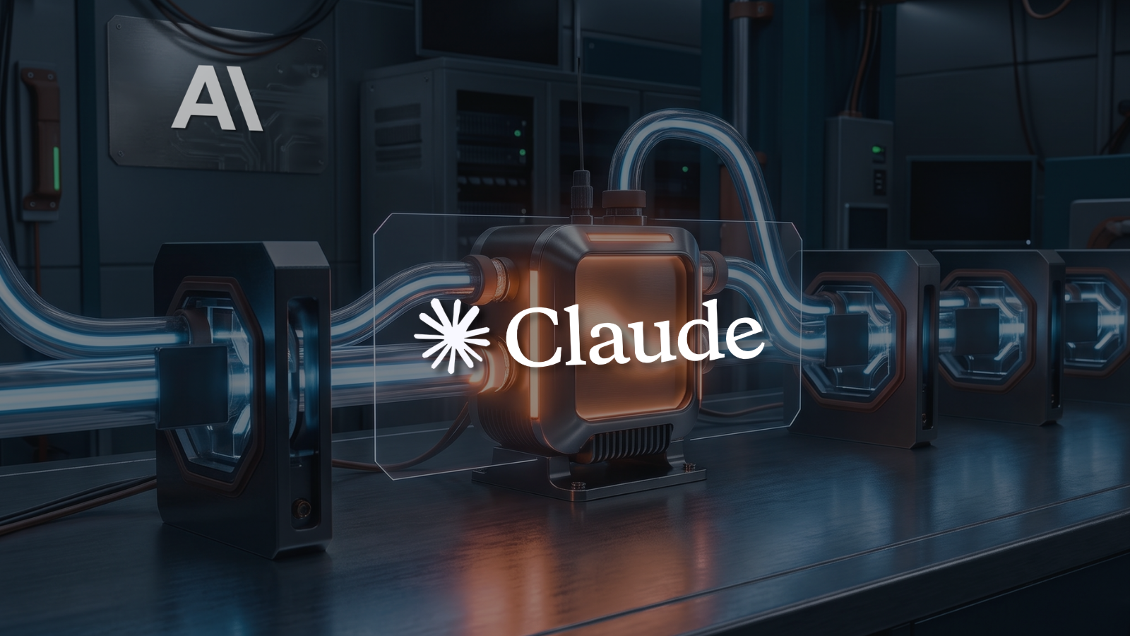 A photorealistic industrial 3D render. A glowing metallic core is connected by light-filled glass tubes to a series of geometric modules on a workbench in a high-tech facility. Dark gray, teal, and terracotta colors define the scene. Features the Anthropic and Claude logos.