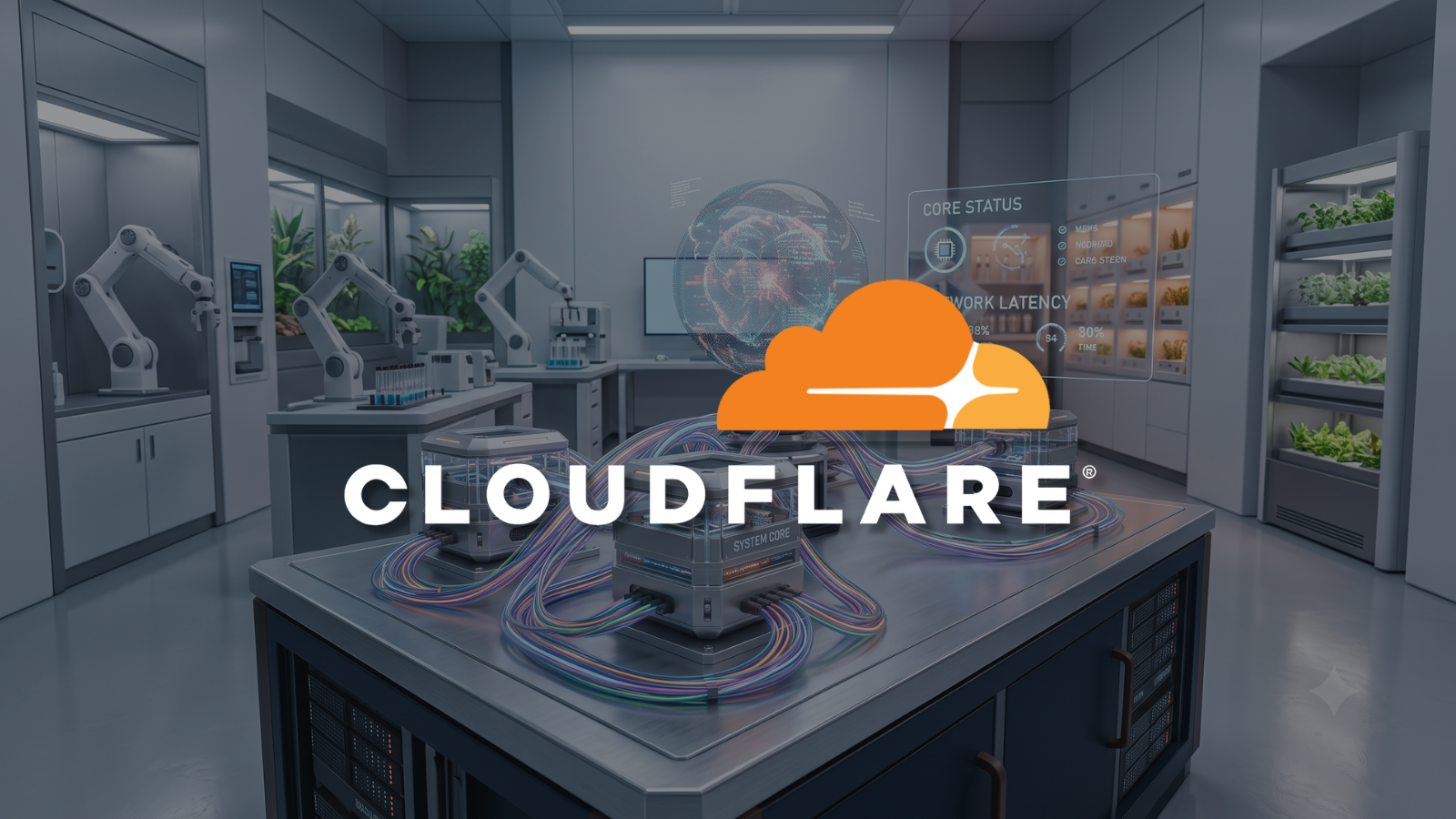 A photo of a futuristic, automated vertical farming lab. A central console modules is linked by colorful cables to a large, glowing holographic Earth globe. In the background are robotic arms, grow stations, and multi-tier plant shelves. A prominent Cloudflare logo floats above the central hologram.