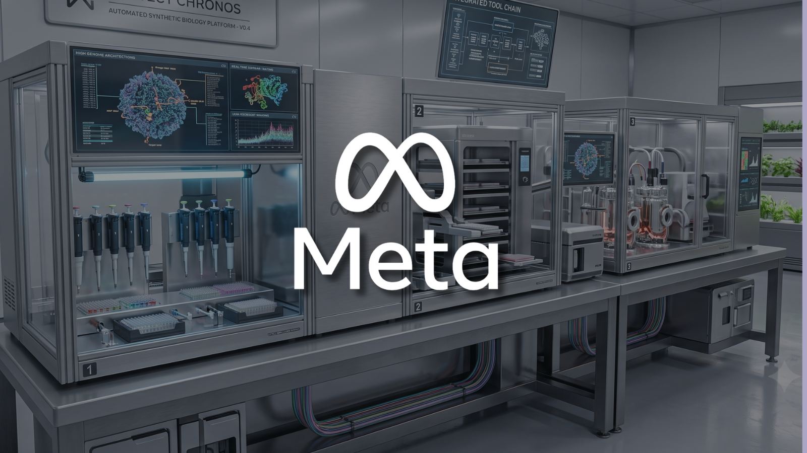 A multi-station laboratory automation platform named "Project Chronos," with Meta branding, performing synthetic biology tasks, molecular modeling, and vertical plant farming.