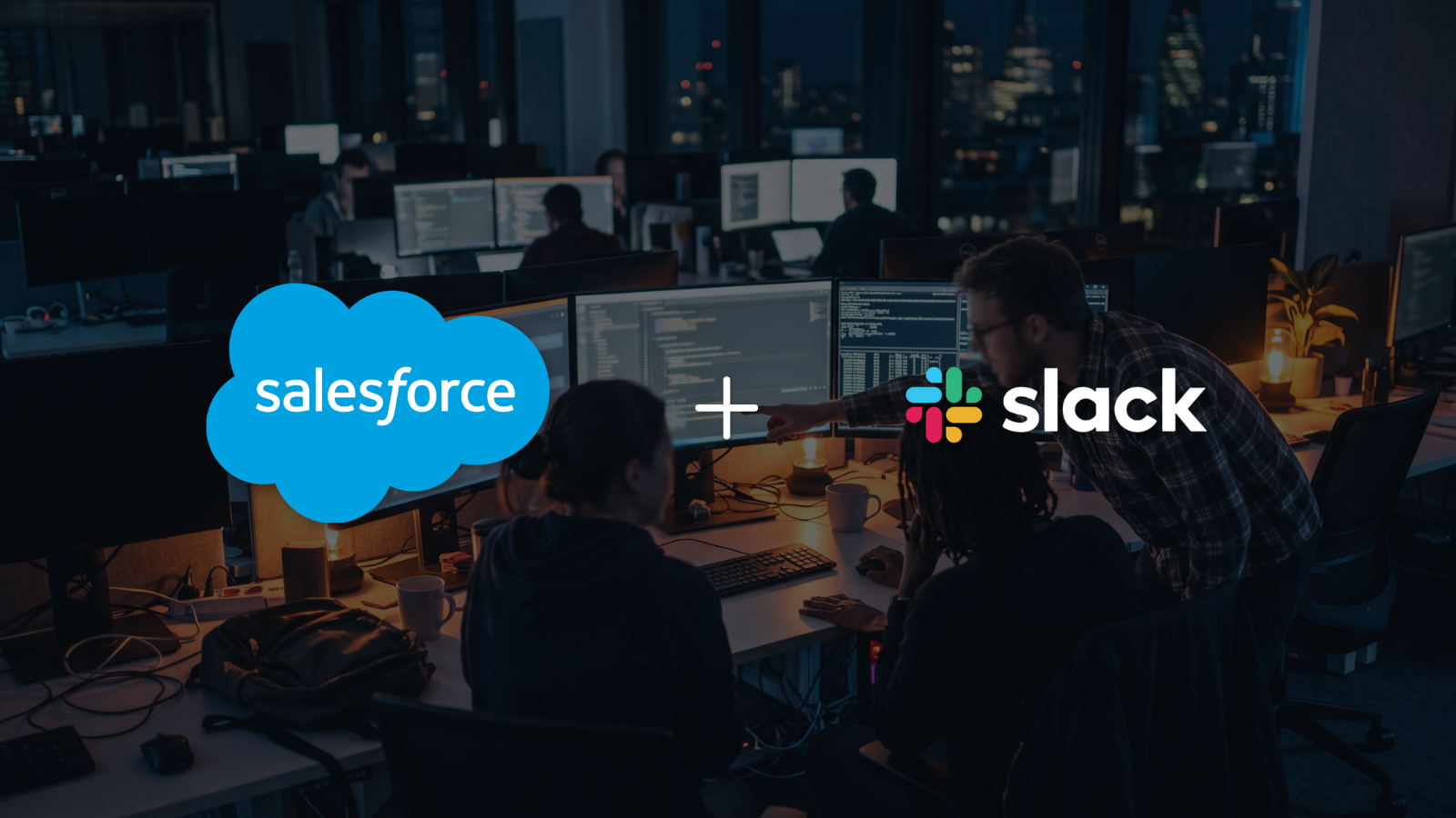 Dimly lit office at night with glowing monitors showing abstract chat and code windows, Salesforce and Slack logo overlay in the center.