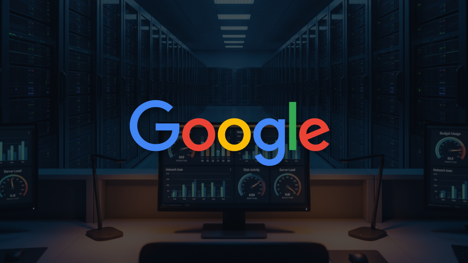 erver room at night with a dashboard screen showing abstract usage graphs, Google's logo overlay in the center.