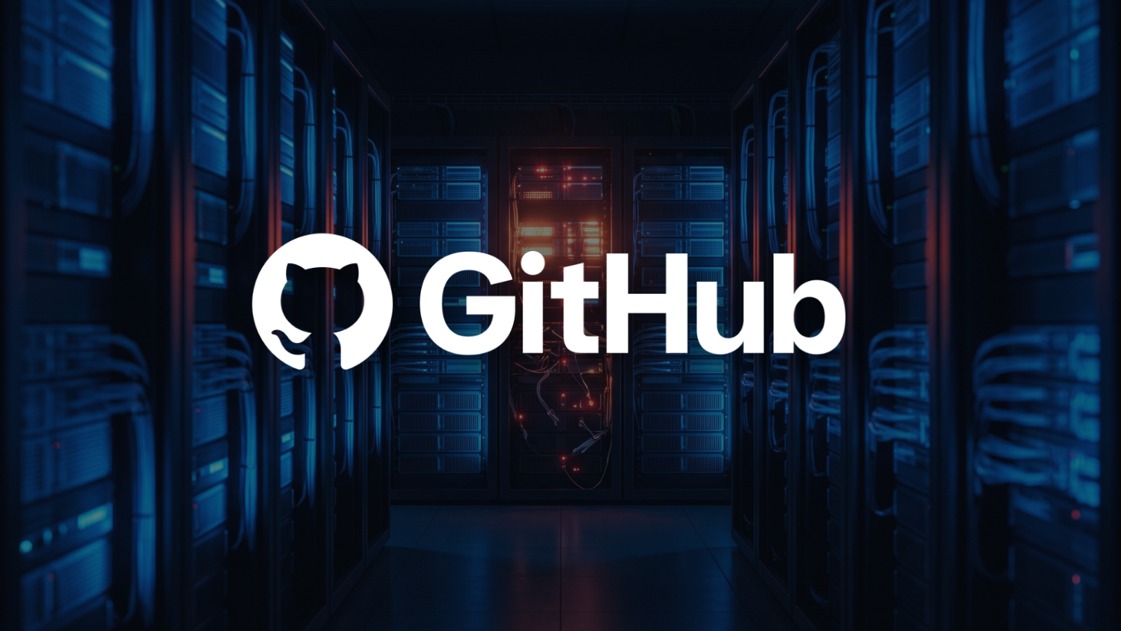 Dark server room with one rack flickering red amid steady blue lights, GitHub logo overlay in the center.