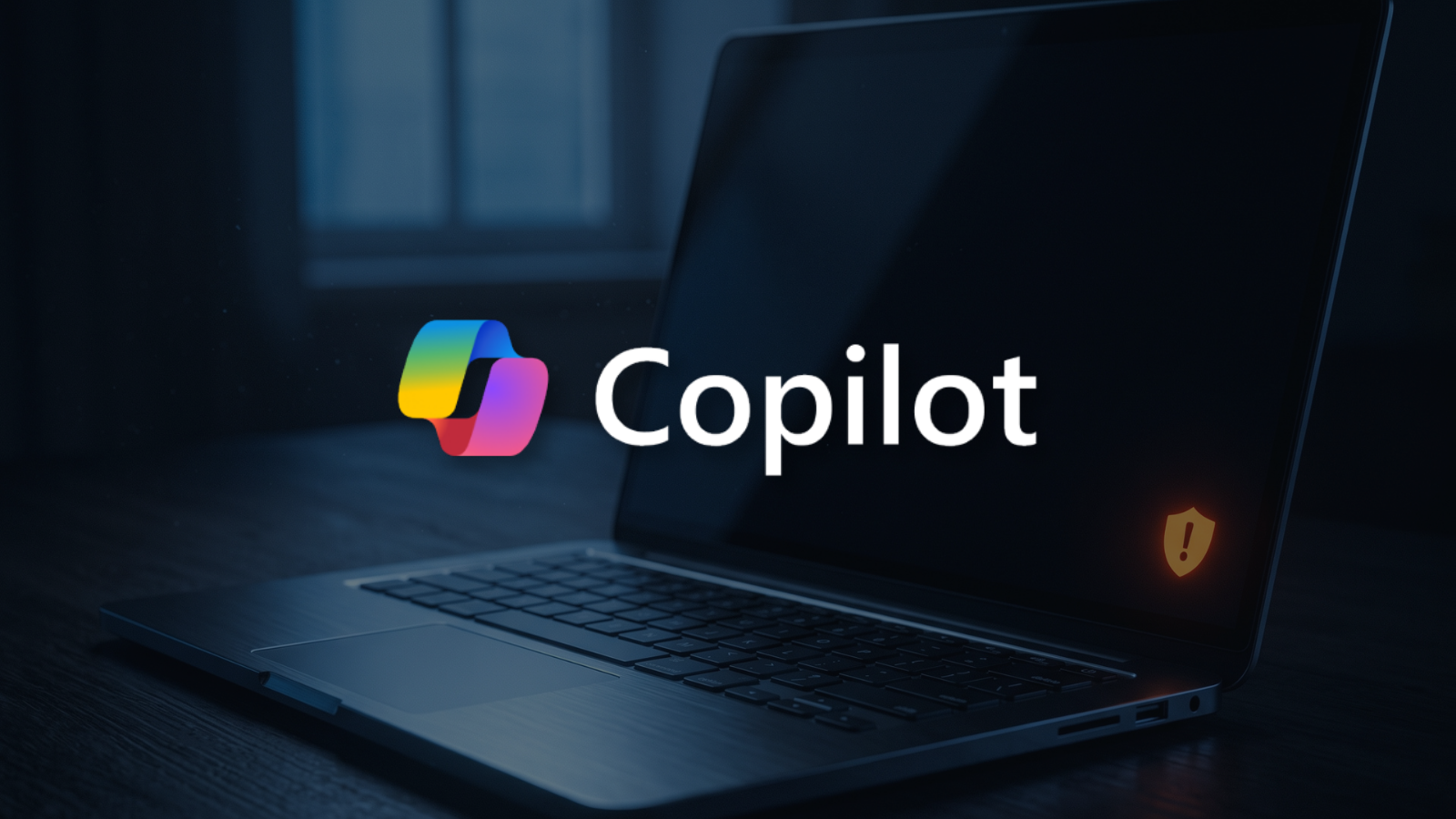 Laptop on a dark desk with a single glowing warning icon on screen, Microsoft Copilot logo overlay in the center.