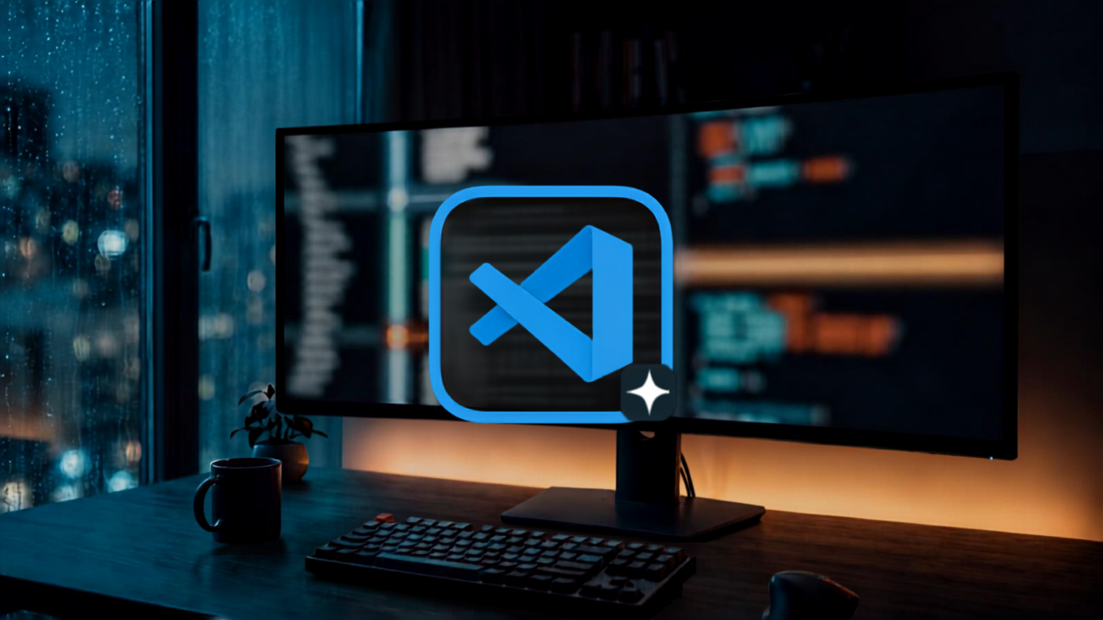 Dark developer workspace at night with a monitor showing glowing light trails merging together, Visual Studio Code logo overlay in the center.