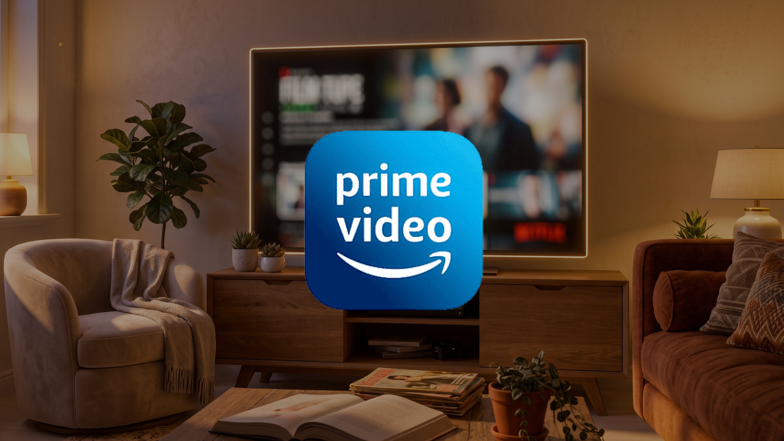 Cozy living room at night with a TV glowing softly and a warm highlight around the screen edge, Amazon Prime Video logo overlay in the center.