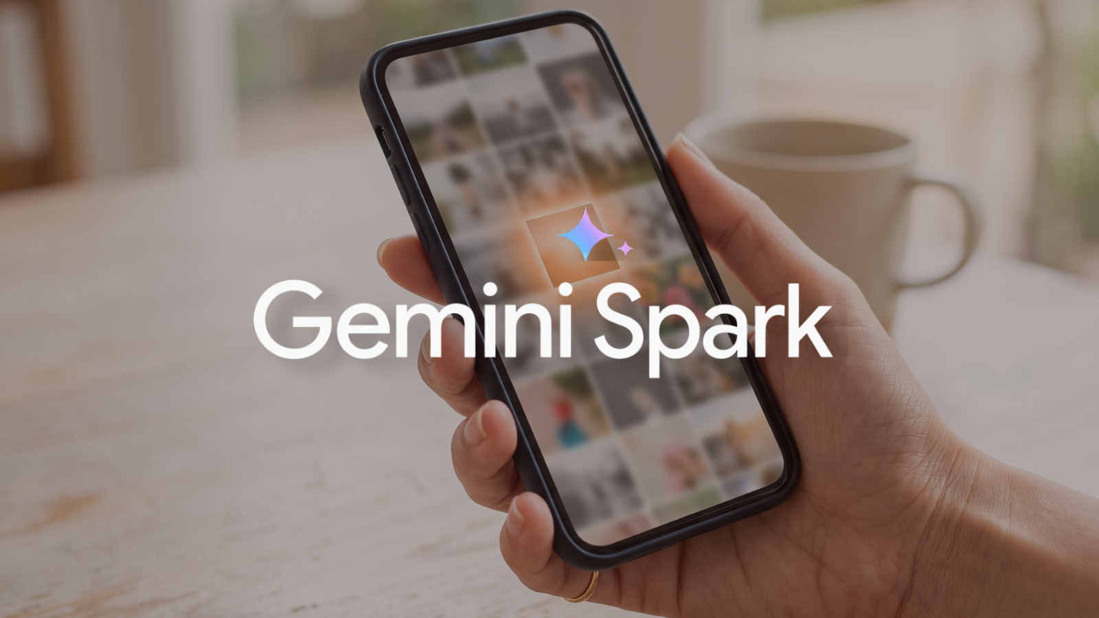 Hand holding a smartphone in daylight showing an abstract photo grid with one highlighted thumbnail, Google Gemini Spark logo overlay in the center.