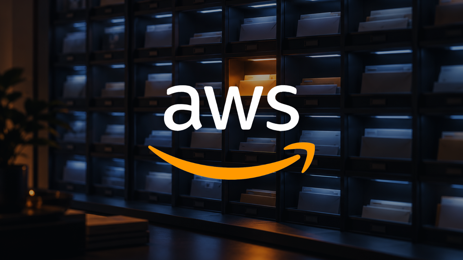 Dark wall of glowing mail slots with one folder highlighted in orange, AWS logo centered on top.