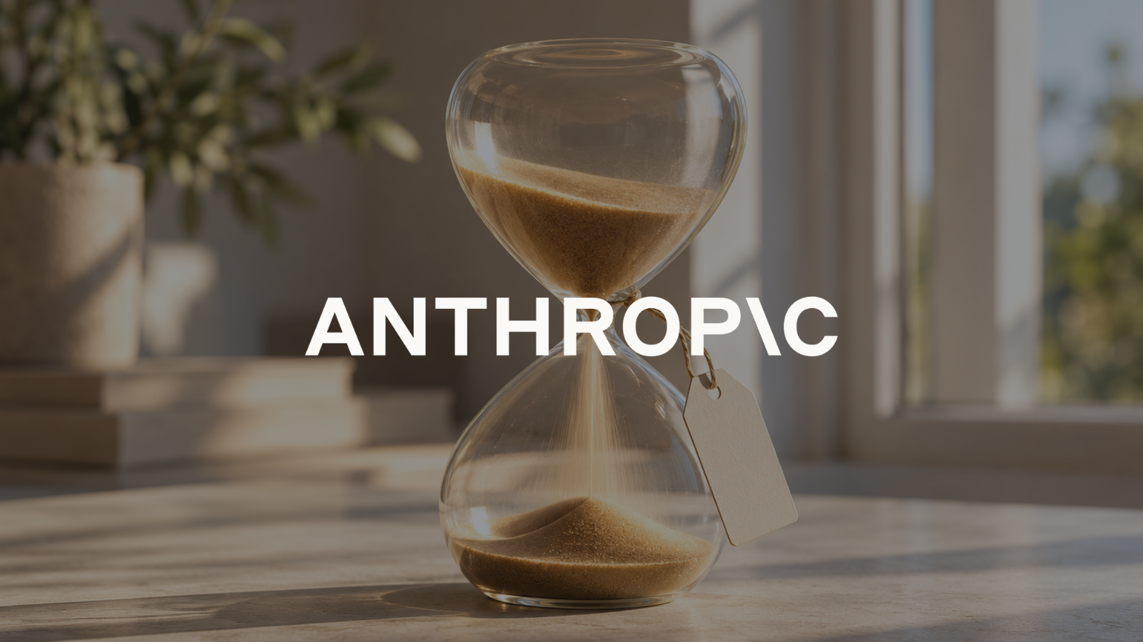 Bright room with an hourglass and a small price tag on a sunlit surface, Anthropic logo centered on top.