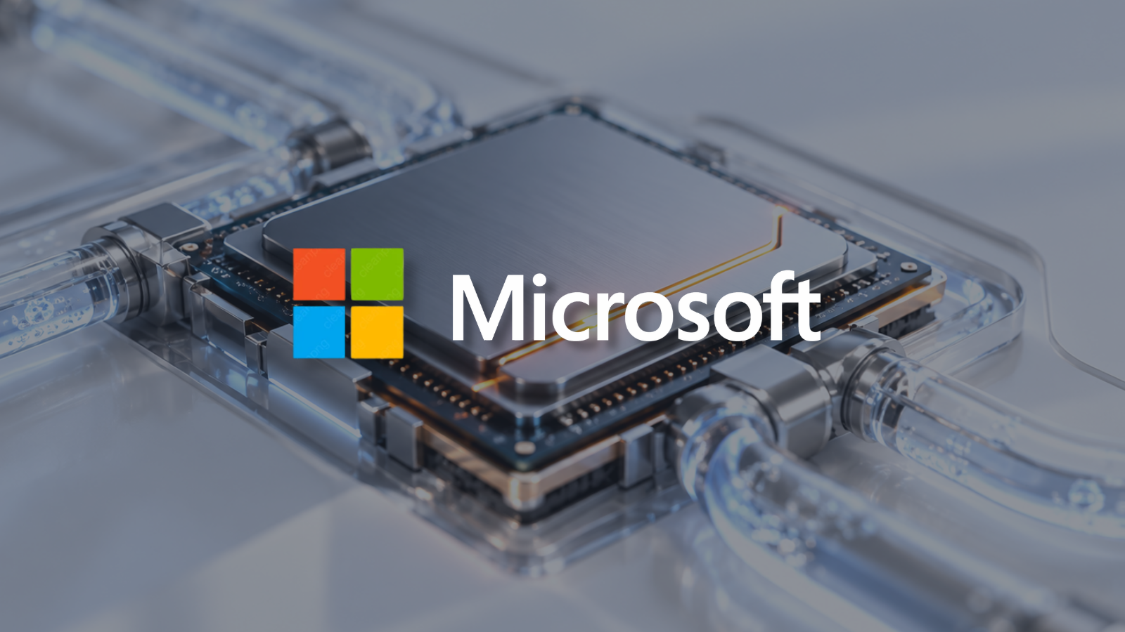Bright white surface with a sleek computer chip and clear liquid cooling channels, Microsoft's logo centered on top.
