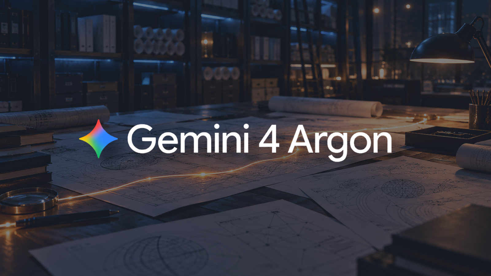 Dark archive room with a worktable of blueprint diagrams and a thread of orange light tracing across them, Google Gemini logo centered on top.