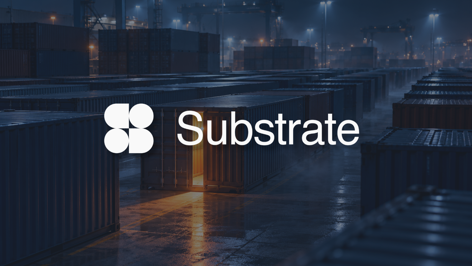 Shipping container yard at night with one container open and glowing orange, Agent Substrate logo centered on top.
