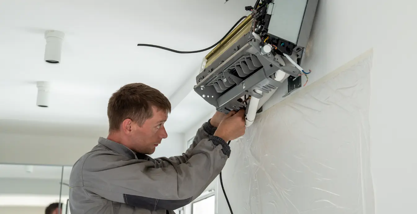 Technician installing a ductless mini-split indoor unit