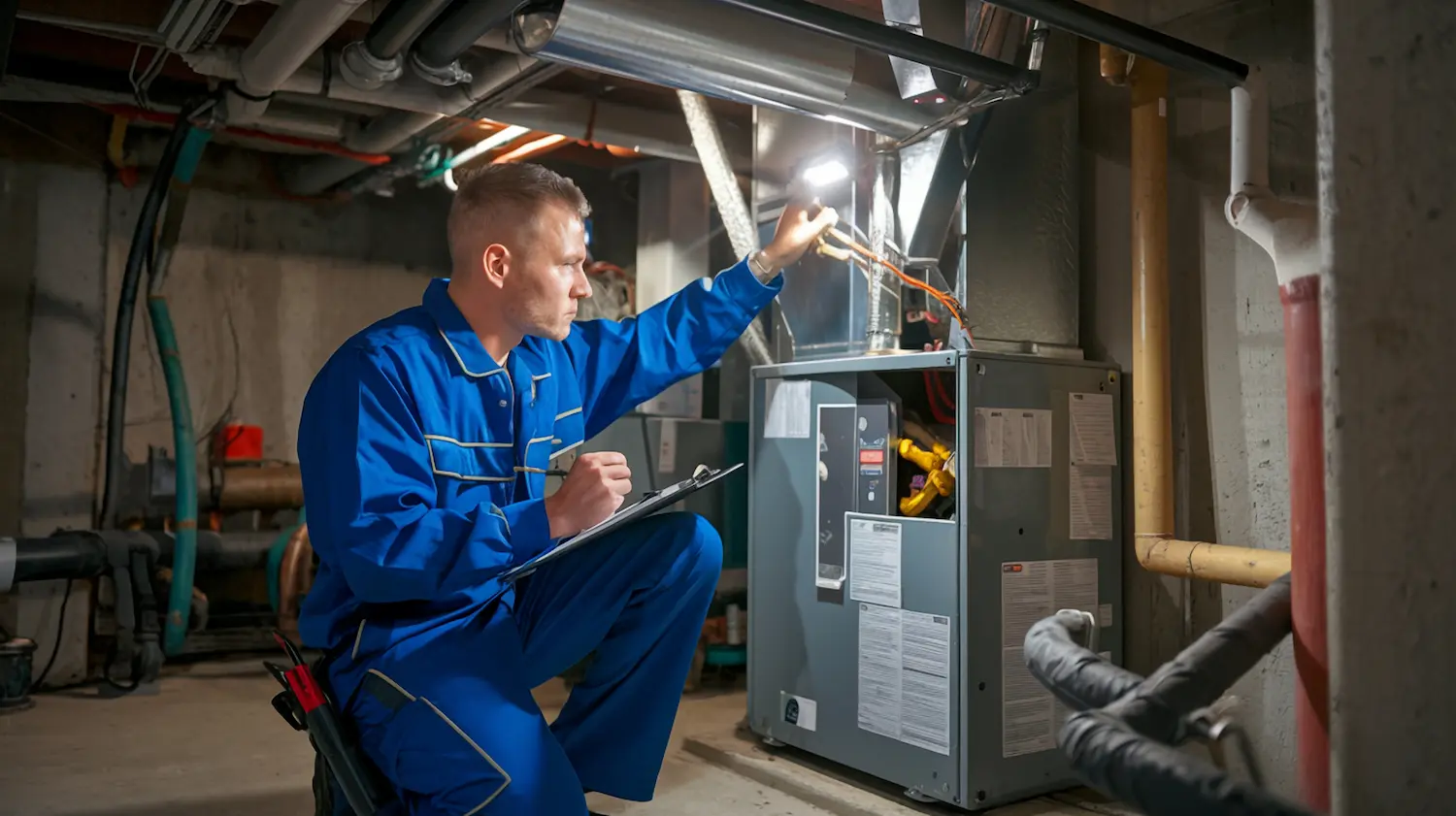 Technician testing electrical components during furnace repair
